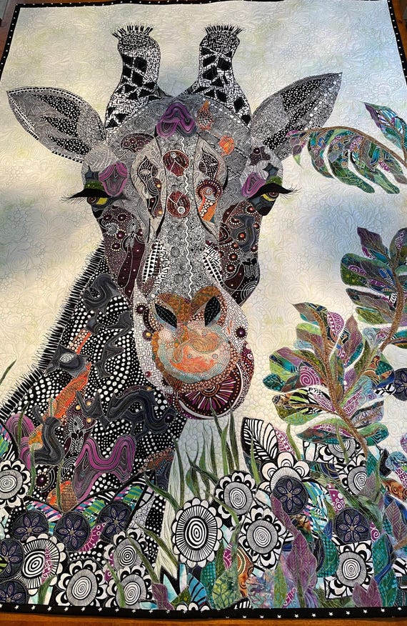 Quilt, Giraffe Quilted Wall Art or Usable Finished Quilt 42"X 59" Raw Applique