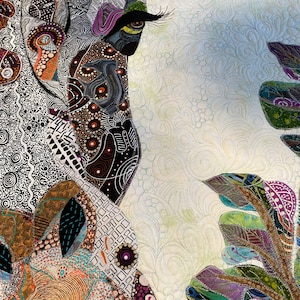 May include: A close-up of a colorful quilt with a detailed design of an eye and leaves. The quilt is made of various fabrics and textures, including patterned and solid fabrics. The eye is surrounded by intricate details, including swirls and dots. The leaves are green, brown, and purple.