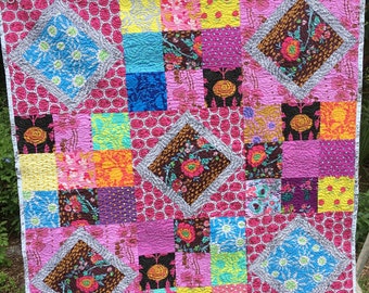 Quilt, Baby Quilt, Free Spirit Colorful Finished Baby Quilt 34"X34"