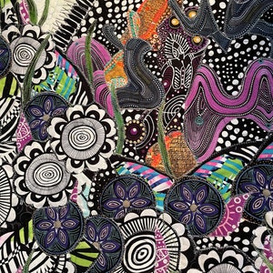 May include: A colorful abstract quilt with a black and white background. The quilt features a variety of shapes and patterns, including circles, swirls, and flowers. The quilt is made of different fabrics, including cotton and silk.