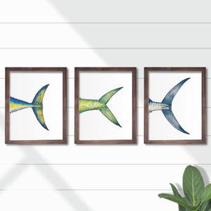 Watercolor Marlin, Yellowfin Tuna, Mahi Fish Tails Art Prints Trio: Pelagic Offshore Fishing Home Wall Decor, Coastal Tropical Painting