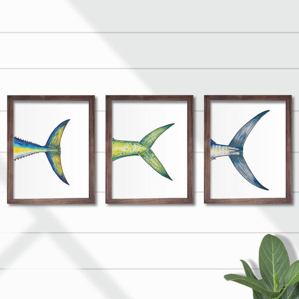 Watercolor Marlin, Yellowfin Tuna, Mahi Fish Tails Art Prints Trio: Pelagic Offshore Fishing Home Wall Decor, Coastal Tropical Painting