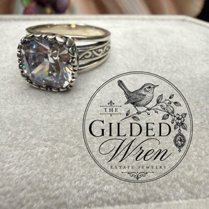 Vintage Sterling Silver 925 Cushion Cut Glass Cathedral Ring Size 7 Scrollwork
