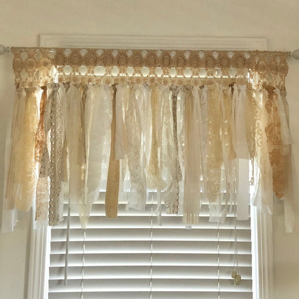 Boho Shabby Chic Curtain Valance - Crochet Lace - Modern Farmhouse Window Treatment - Custom Garland Curtain