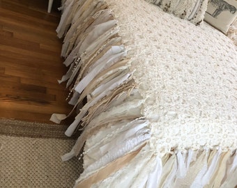 Boho Shabby Chic Bed Coverlet Bedspread - French Rustic Glam Bedding Throw Vintage Crochet white ivory lace runner pillow