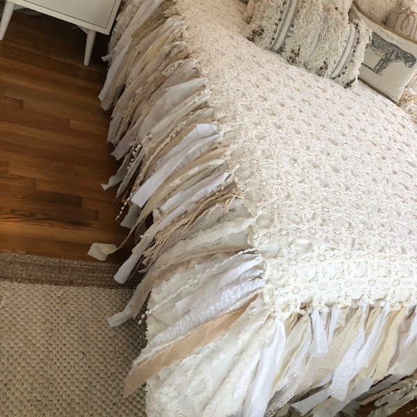 Boho Shabby Chic Bed Coverlet Bedspread - French Rustic Glam Bedding Throw Vintage Crochet white ivory lace runner pillow