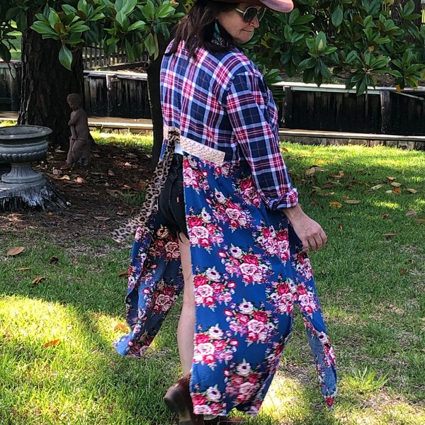 Flannel Duster - Upcycled Distressed Shabby Boho - Sustainable Coastal Cowgirl - Cozy Floral & Flannel Plaid Patchwork  - We the People