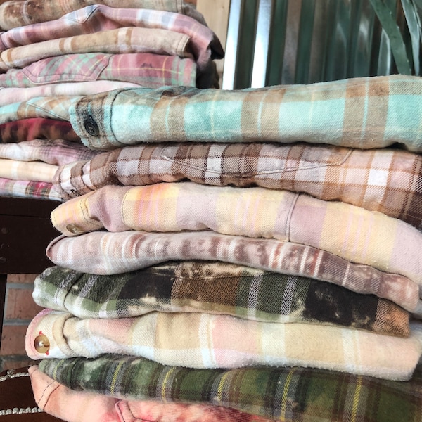 Assorted Bleached Distressed Flannels | Hand Dipped Bleach Shirt | Designer Top Boho Grunge | Torn Shacket| Rustic Bridesmaid Flannel Plaid