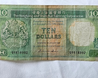 Vintage 1988 Hong Kong 10 Dollar Banknote