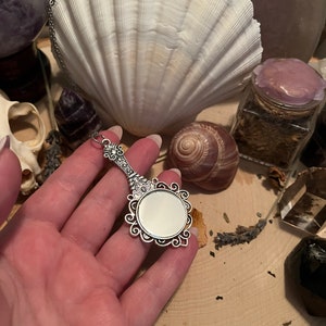 Hexenspiegel ~ Witch’s Mirror Pendant ~ Round Antique Style ~ Ritually crafted hand mirror talisman ~ with charging bag & selenite!