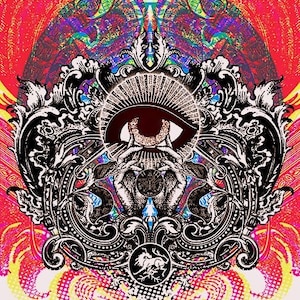 May include: A black and white illustration of an eye with a red iris, surrounded by ornate, swirling designs. The eye is set within a frame with a lion's head at the bottom. The background is a vibrant mix of red, yellow, and blue.