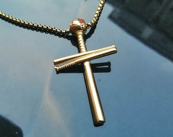 Gold Baseball Bat Cross Necklace: Stainless Steel Sports Pendant