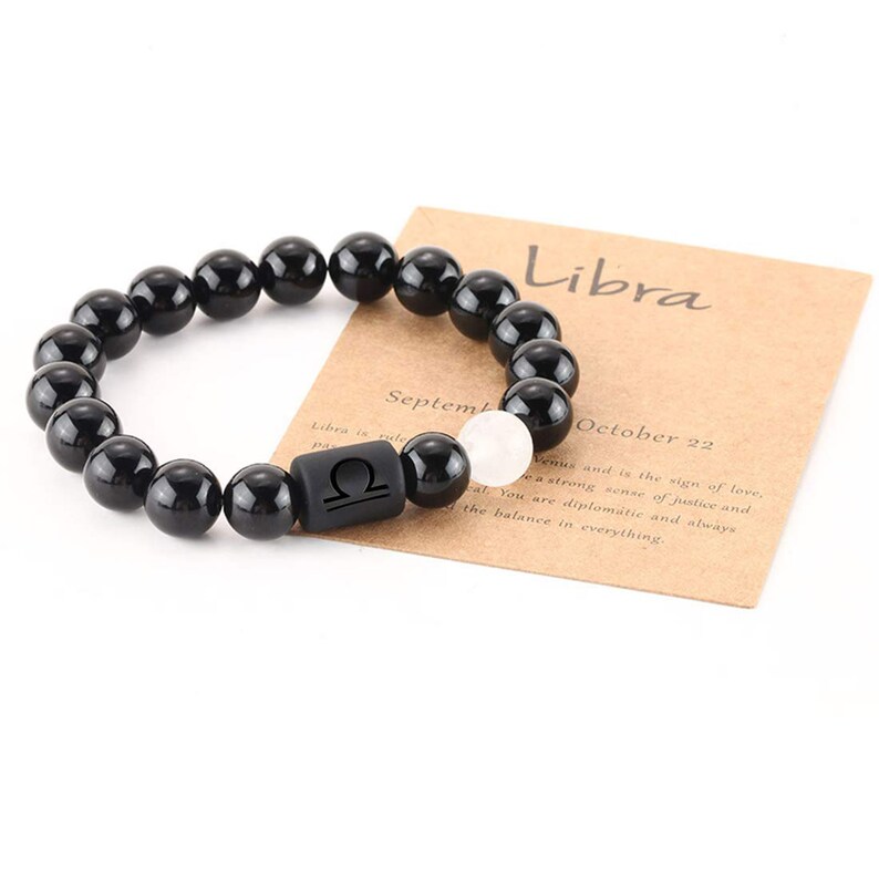 Zodiac Bracelet for Men Women,10mm Natural Black Onyx Stone Star Sign Constellation Horoscope Bracelet Gifts
