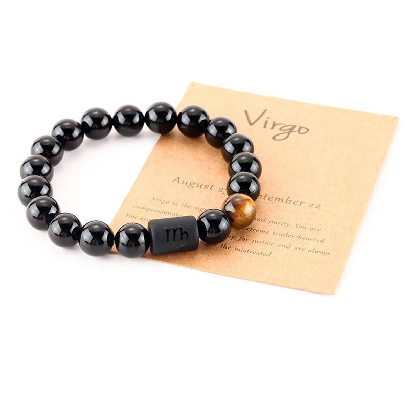 Zodiac Bracelet for Men Women,10mm Natural Black Onyx Stone Star Sign Constellation Horoscope Bracelet Gifts