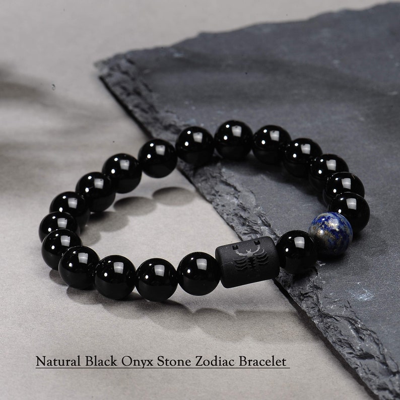Zodiac Bracelet for Men Women,10mm Natural Black Onyx Stone Star Sign Constellation Horoscope Bracelet Gifts