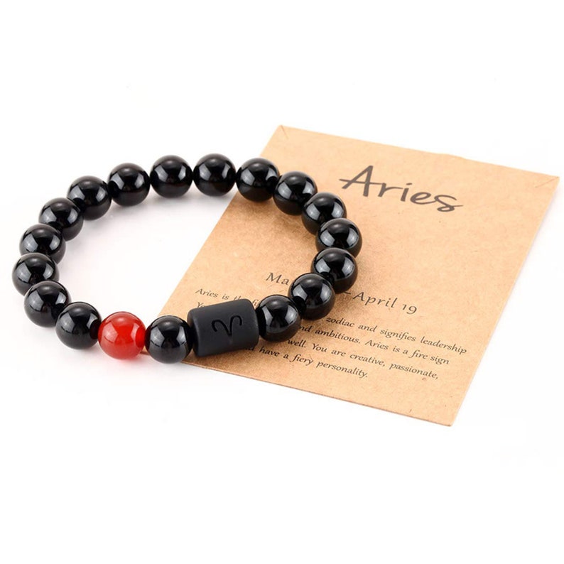 Zodiac Bracelet for Men Women,10mm Natural Black Onyx Stone Star Sign Constellation Horoscope Bracelet Gifts
