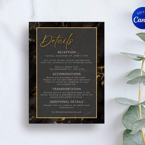 Dark Glamour Wedding Detail Card | Black & Gold Event Information Template | DIY Editable Canva Template | Digital Download 0002