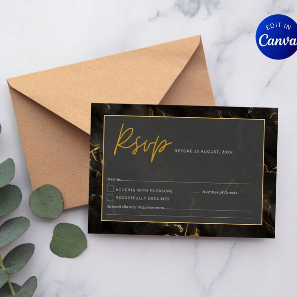 Dark Glamour Wedding RSVP Card | Black & Gold Event Response Template | DIY Editable Canva Template | Digital Download 0002