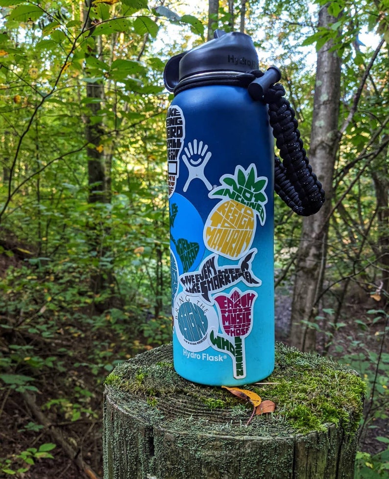 Puede incluir: Una botella de agua azul Hydro Flask con una correa de transporte negra. La botella est&aacute; cubierta de pegatinas coloridas con varios dise&ntilde;os y textos, incluyendo una pi&ntilde;a, un tibur&oacute;n y una flor.