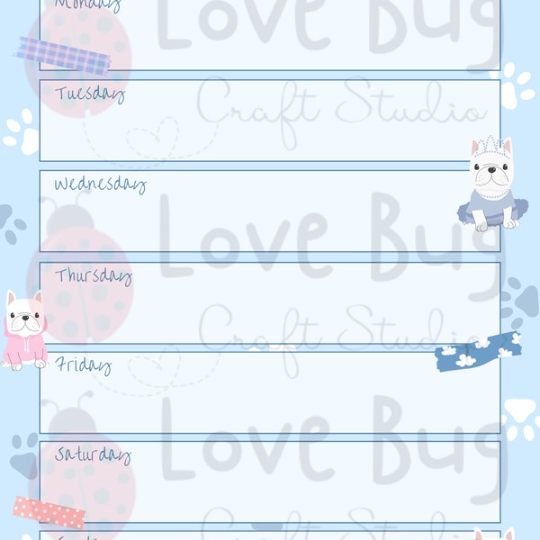 French Bulldog Themed Digital Planner - Weekly Planner Page