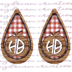 Apple Cut Out Wood Look / Distressed Plaid Red Earring Design - Teacher Tear Drop Sublimation Earring Design - Digital Download