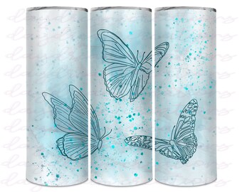 Blue Butterfly Ink/Watercolor-Like Tumbler - Butterfly Tumbler - 30 Ounce Tumbler Sublimation Design - Descarga digital - Descarga instantánea