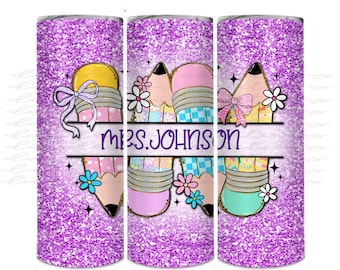 Lila ljusblå glitter lärarglasdesign - 30 uns glasdesign - Sublimeringsdesign - Anpassningsbar lärarnamndesign med blyertspenna