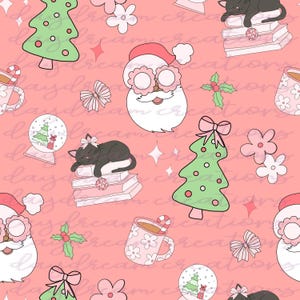 May include: A repeating pattern on a pink background featuring Christmas-themed illustrations. Santa Claus with pink glasses, Christmas trees, snow globes, black cats, bows, flowers, and mugs with candy canes are depicted.