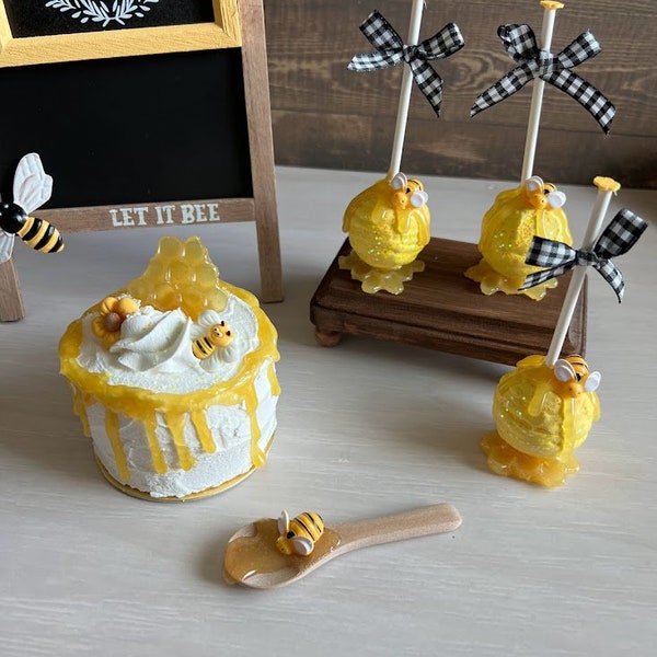 Fake bee  mini cake, Bee decor,  coffee bar decor, Birthday gift, Tiered tray decor, Kitchen decor, fake sweets, honey bee, Bee cake