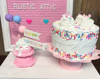 Fake Birthday Cake, Rainbow Sprinkles, Tiered Tray Decor, Birthday prop, Photo decor, Celebration cake
