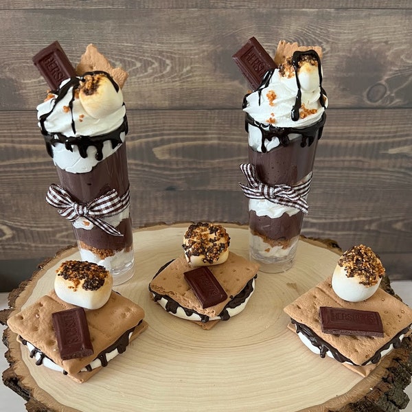 Fake S'mores, mini parfait, S'mores marshmallow, Tiered  tray decor,  fake sweets , Photo prop, Fake food, chocolate lover, Fake S'more