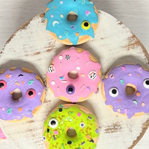 Fake Halloween donuts, pastel donuts, Halloween decor, monster donuts, Tiered  tray decor, Faux donuts,  fake sweets, cookie prop