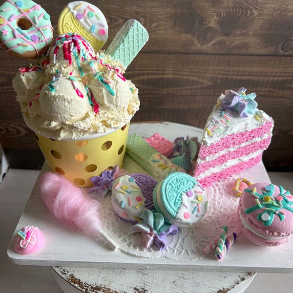 Fake ice cream charcuterie board, Birthday prop, Fake cupcake, Fake ice cream,  gift, Tiered tray decor, Kitchen decor, fake sweets