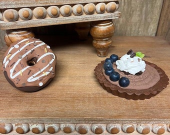 Faux Chocolate Donut & Blueberry Tart, Tiered Tray Decor