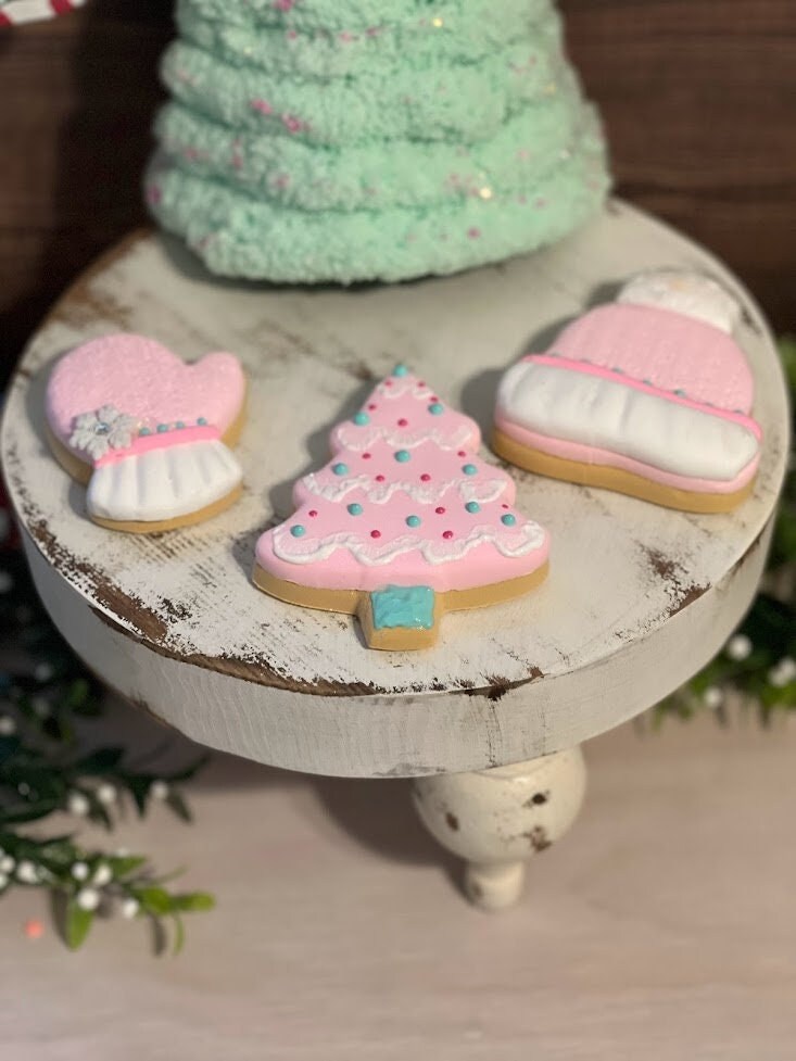 Pink Fake christmas cookies, Christmas tiered tray cookies, Pastel cookies, Photo prop, sweet shop decor, Christmas decor, mitten, tree, hat