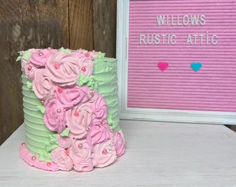 Fake birthday cake, mint & pink cake, pastel celebration cake,   Tiered  tray decor,  fake sweets , Photo prop, vintage inspired