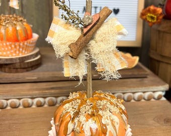 Faux Carmel pumpkins, pumpkin  decor, fall primitive decor,  Kitchen decor, fake sweets, Tiered tray decor