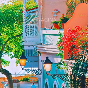 May include: A colorful street scene with a vibrant pink building, lush green foliage, and two ornate street lamps. The building has a white balcony with a decorative iron railing. The scene is reminiscent of a tropical location.