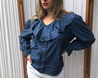 navy blue ruffle blouse