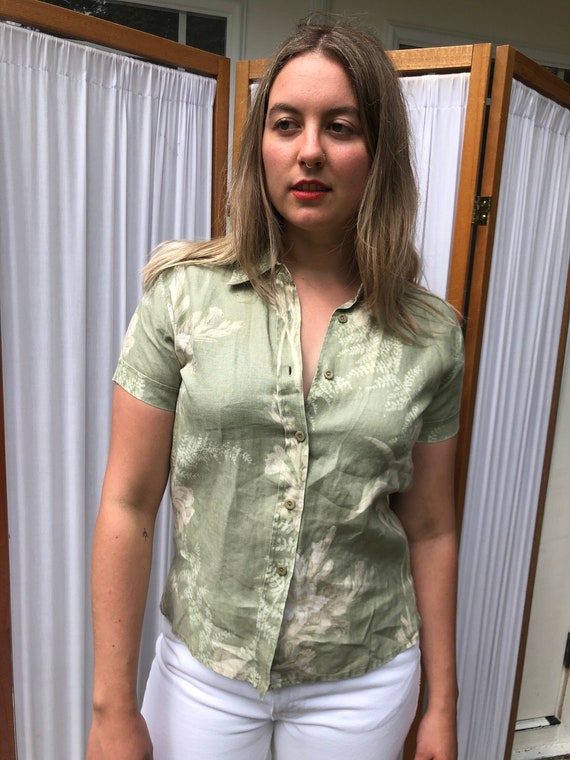 Liz Claiborne Linen Button up Sage Green Blouse