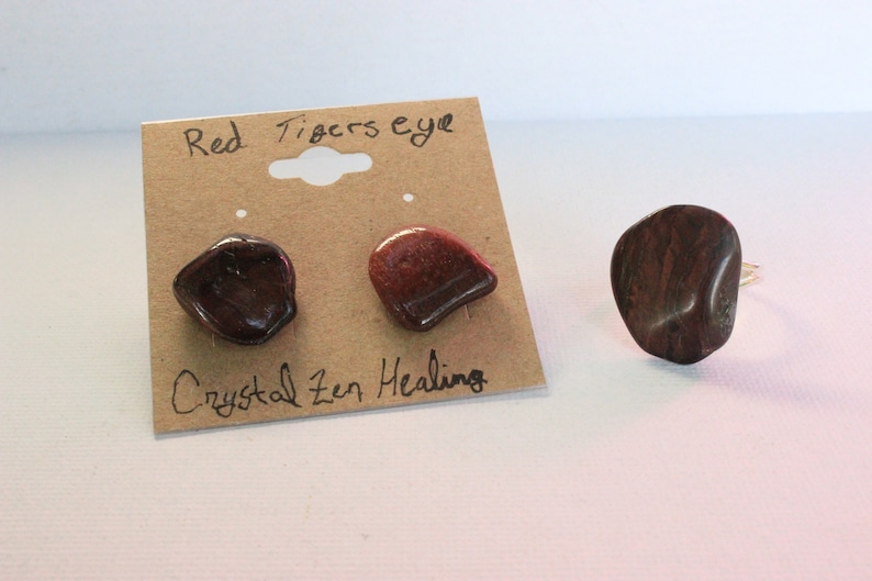 Handmade Jewelry Red Tigers Eye Tumbled Earrings and matching ring The Perfect gift idea for crystal lover in your life One of a kind