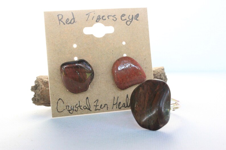 Handmade Jewelry Red Tigers Eye Tumbled Earrings and matching ring The Perfect gift idea for crystal lover in your life One of a kind