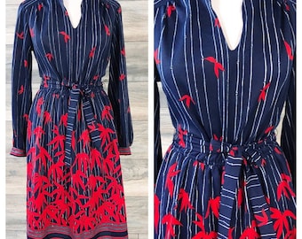 Vintage navy and red floral striped crane dress