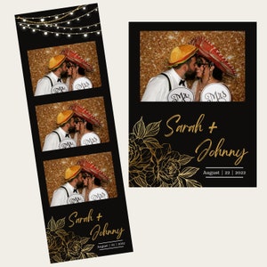 May include: A photo booth backdrop with three photo strips featuring a couple wearing sombreros and holding signs that say "Mr." and "Mrs." The backdrop is gold glitter with white string lights. The bottom of the backdrop has a floral design with the text "Sarah + Johnny August 22 | 2022".