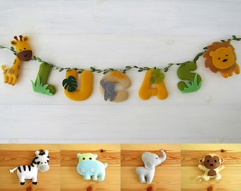 Personalized jungle baby name garland | Savannah nursery decoration with lion, giraffe, and elephant | Original felt baby gift