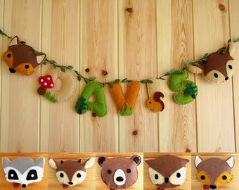 Personalized felt name garland with forest animals for baby and child's room, wall decoration, baby shower gift