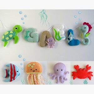 Felt sea animals first name garland. Wall decoration. Personalized door plaque for baby children's room.