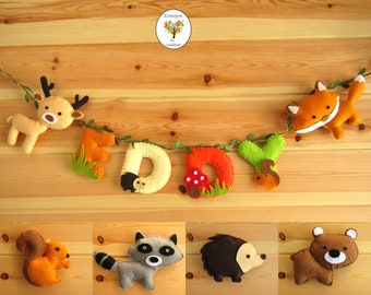 Garland name felt forest animals. Wall decoration. Personalized door plate for baby room.