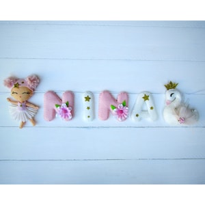 Felt ballerina doll and swan first name garland Children&#39;s room decoration Wall decoration Birth Birthday gifts