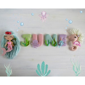 First name garland felt mermaid and mythical Fairy seahorse. Wall decoration Personalized door plate for children's room.